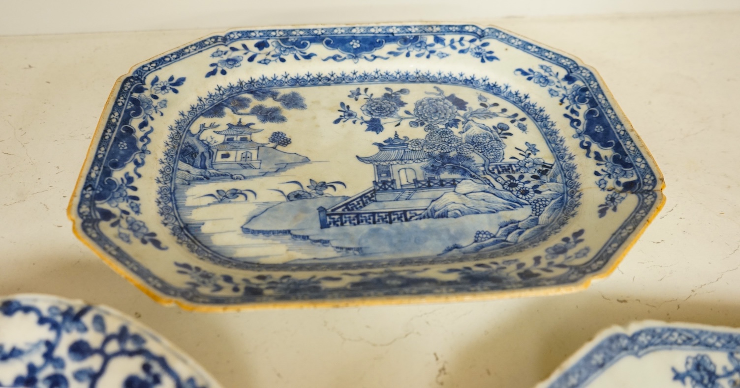 Two 18th century Chinese blue and white dishes and a similar plate, largest 29cm